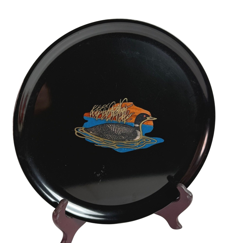 Couroc of Monterey Mallard Duck Round Tray 10.5 Inch MCM California Black Resin